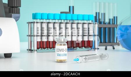 Vaccino per Covid-19 in laboratorio. Farmaco per coronavirus in bottiglie. Trattamento per coronavirus prodotto in laboratorio. Rendering 3D. Foto Stock