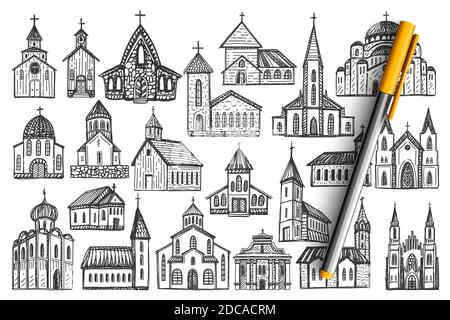 Set di doodle edifici. Collezione di matita di gesso disegnata a mano di architettura culturale europea e templi nazionali castelli su sfondo bianco. Illustrazione dei monumenti storici tradizionali del paese d'Europa. Illustrazione Vettoriale