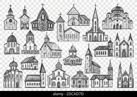 Set di doodle edifici. Collezione di matita di gesso disegnata a mano di architettura culturale europea e templi nazionali castelli su sfondo trasparente. Illustrazione dei monumenti storici tradizionali del paese d'Europa. Illustrazione Vettoriale