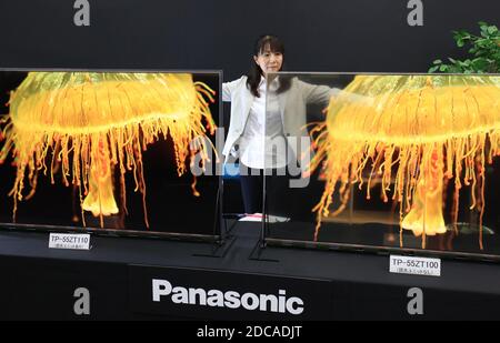 Kadoma, Giappone. 20 Nov 2020. Il gigante giapponese dell'elettronica Panasonic presenta un pannello OLED (Organic Light Emitting Diode) trasparente da 55 pollici presso il laboratorio dell'azienda nella città di Kadoma a Osaka venerdì 20 novembre 2020. Panasonic metterà sul mercato due modelli il mese prossimo, uno è un modello trasparente e un altro è un modello dimmerabile con unità di regolazione che può visualizzare immagini chiare e ad alto contrasto. Credit: Yoshio Tsunoda/AFLO/Alamy Live News Foto Stock