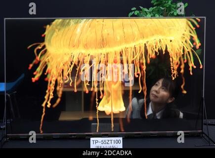 Kadoma, Giappone. 20 Nov 2020. Il gigante giapponese dell'elettronica Panasonic presenta un pannello OLED (Organic Light Emitting Diode) trasparente da 55 pollici presso il laboratorio dell'azienda nella città di Kadoma a Osaka venerdì 20 novembre 2020. Panasonic metterà sul mercato due modelli il mese prossimo, uno è un modello trasparente e un altro è un modello dimmerabile con unità di regolazione che può visualizzare immagini chiare e ad alto contrasto. Credit: Yoshio Tsunoda/AFLO/Alamy Live News Foto Stock