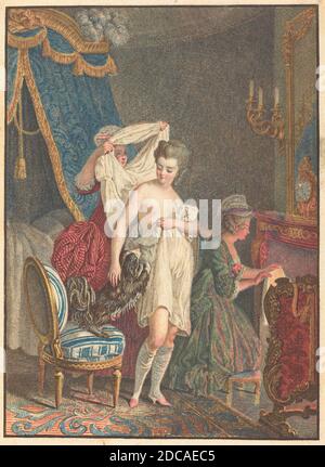 Nicolas François Regnault, (artista), francese, 1746 - 1810, le Lever, acquaforte e acquaforte a colori Foto Stock