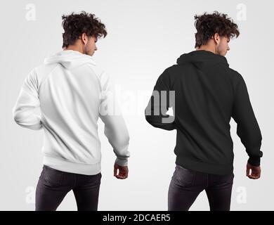 Felpa con cappuccio mockup da uomo su un ragazzo, vista posteriore, felpa bianca e nera, isolata sullo sfondo. Modello di abbigliamento casual per la presentazione di design, pattugliatore Foto Stock
