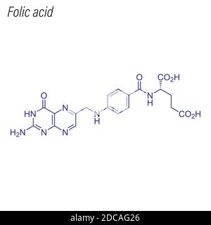 Formula scheletrica dell'acido folico. Molecola chimica del farmaco. Illustrazione Vettoriale
