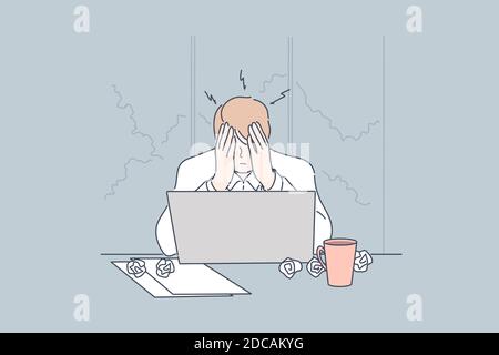 Stress, depressione, frustrazione, overworking, fatica concetto di business. Giovane uomo d'affari frustrato depresso, il direttore del commesso del ragazzo si siede sul posto di lavoro a. Illustrazione Vettoriale