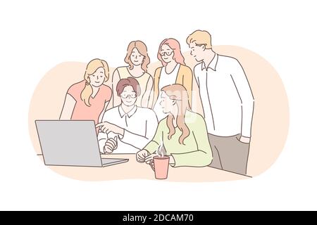 Meeting, cooworking, lavoro di squadra, analisi, concetto aziendale di leadership. Team di uomini d'affari uomini d'affari donne partner collaborano insieme. Ufficio m Illustrazione Vettoriale