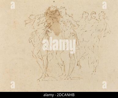 Donato Creti, (artista), bolognese, 1671 - 1749, Musician e Dancing Figures, penna e inchiostro marrone con tocchi di marrone su carta dealizzata, totale (approssimativo): 13.4 x 18.3 cm (5 1/4 x 7 3/16 pollici Foto Stock