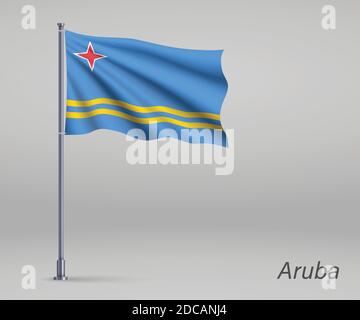 Bandiera sventolante di Aruba - provincia dei Paesi Bassi su flagpole. Modello per l'indipendenza Illustrazione Vettoriale