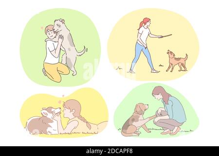 Cane compagnia e amicizia concetto. Insieme di felici ragazzi e ragazze formazione, insegnamento, a piedi e godendo di compagnia di cani e cuccioli all'aperto i Illustrazione Vettoriale