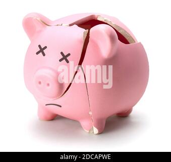 Banco di piggy rotto isolato su sfondo bianco. Foto Stock