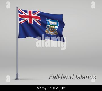 Bandiera ondulata delle Isole Falkland - territorio del Regno Unito su flagpole. Modello per il giorno dell'indipendenza Illustrazione Vettoriale