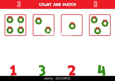 Contate le corone di Natale e partite con i numeri. Gioco di matematica educativa per bambini. Illustrazione Vettoriale