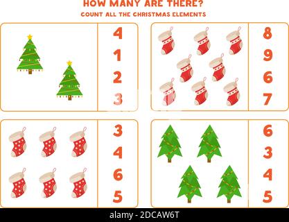 Conta tutti gli alberi di Natale e calze e cerchio risposta giusta. Gioco di matematica per bambini. Illustrazione Vettoriale
