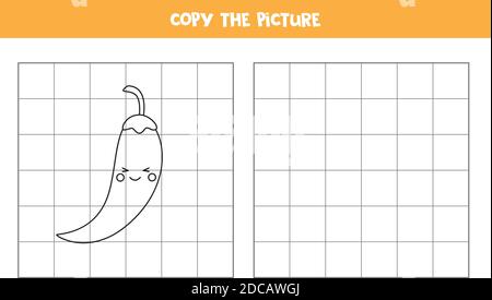 Copia la foto del carino peperoncino rosso kawaii. Gioco educativo per bambini. Pratica di scrittura a mano. Illustrazione Vettoriale