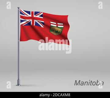 Bandiera sventolante di Manitoba - provincia del Canada su flagpole. Modello per poster del giorno dell'indipendenza Illustrazione Vettoriale