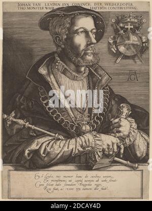 Jan Muller, (artista), olandese, 1571 - 1628, Heinrich Alsgrver, (artista dopo), tedesco, 1502 - 1555/1561, Johan van Leyden (Jan Beukels), c.. 1615, incisione Foto Stock