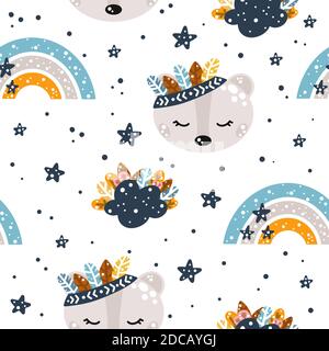 Carino motivo vivaio senza cuciture in stile boho con orso, nuvole, arcobaleni e piume con elementi floreali isolati su sfondo bianco scandinava st Illustrazione Vettoriale