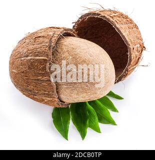 Dividere la frutta di cocco con il seme interno intero su foglie verdi isolate su sfondo bianco. Foto Stock