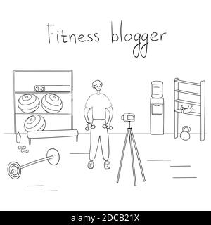 Fitness blogger. Video di Young Man Records. Sportsman mostra esercizi sul blog. Internet STAR sta trasmettendo dal vivo per i suoi seguaci. Illustrazione vettoriale Illustrazione Vettoriale