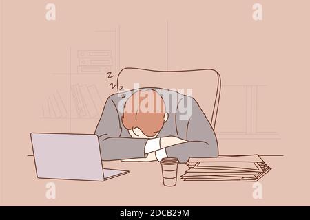 Scadenza, overworking, sonno, overload, business concept. Stanco esausto commesso uomo d'affari overworked che dormiva prendendo il pisolino sul posto di lavoro dell'ufficio Illustrazione Vettoriale