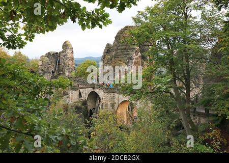 Vista del Ponte di Bastei, Germania, Sassonia, Parco Nazionale della Svizzera sassone, Rathen Foto Stock
