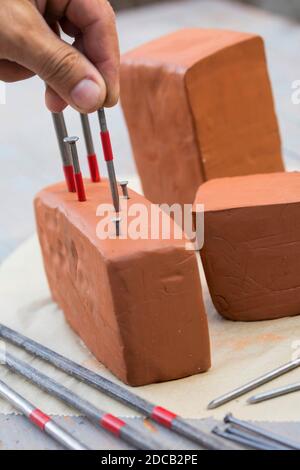 La scatola delle api è fatta di blocco di argilla, con diversi chiodi ar fori di diverse dimensioni, foto di serie 6/13, Germania Foto Stock