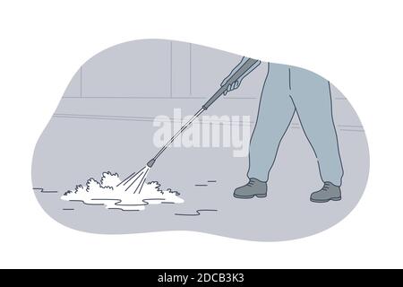 Concetto di disinfezione, contaminazione, protezione, coronavirus. Uomo lavoratore cartoon carattere facendo strada pulizia dal contagio. Protezione preventiva Illustrazione Vettoriale