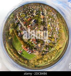 Piccolo pianeta, fotografia aerea stereoscopica di un sobborgo tedesco con un insediamento di cacciatori a singola famiglia, la Germania Foto Stock