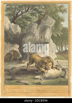 A.-J. de Fehrt, (artista), francese, 1723 - 1774, Jean-Baptiste Oudry, (artista dopo), francese, 1686 - 1755, le Lion (il Leone), la Fontaine 'Fables': Favola CCV, (serie), pubblicato 1759, incisione a mano Foto Stock