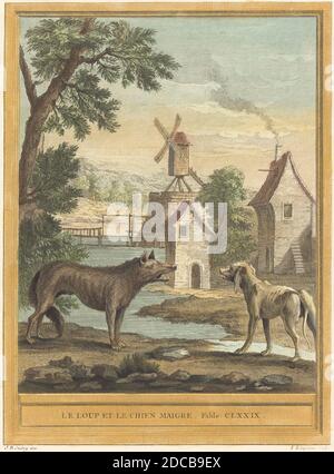 Louis-Simon Lempereur, (artista), francese, 1728 - 1807, Jean-Baptiste Oudry, (artista dopo), francese, 1686 - 1755, le loup et le chien maigre (il lupo e il cane sottile), la Fontaine's 'Fables': Favola CLXXIX, (serie), pubblicato 1756, acquaforte colorata a mano Foto Stock