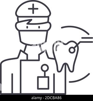 Icona del chirurgo dentale, illustrazione isolata lineare, vettore di linea sottile, segno di disegno di fotoricettore, simbolo di concetto di contorno con tratto modificabile su sfondo bianco. Illustrazione Vettoriale