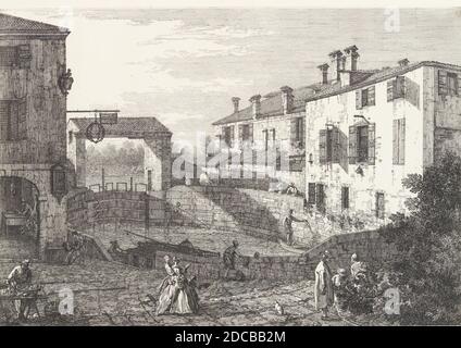 Le chiuse di Dolo, un bacino ovale con barche al centro, edifici su entrambi i lati, un fruttaio e gruppi di figure in primo piano, da 'views' (vedute alte pre da i luoghi altre ideate da Antonio Canal), 1735-46. Foto Stock