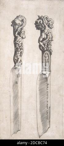 Design per due maniglie a coltello, 1553-1615. [Mors et vita in manu linguae - la lingua ha il potere della vita e della morte]. Foto Stock