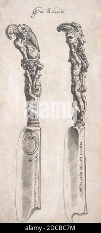 Design per due maniglie a coltello, 1553-1615. [Secvra Mens ivge convivivm: Venter implor insat vrabilis]. Foto Stock