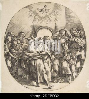 Lo Spirito Santo come un uccello che scende con ali sparse in alto al centro; i dodici Apostoli che si trovano sotto gli si sono posti in testa ad un arco, 1518. Foto Stock