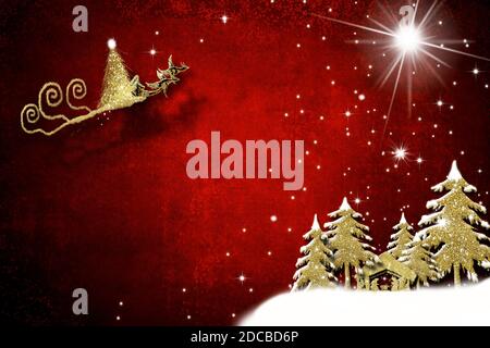 Biglietto d'auguri per la Natività di Natale. Presepe e slitta Babbo Natale disegnata a mano con glitter dorato su sfondo rosso con spazio per scrivere messaggio. Foto Stock