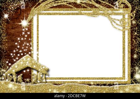 Natale immagine vuota cornice biglietti di auguri. Scena Nativiy, Natale e Betlemme Star glitter dorata, cornice bianca vuota su vecchia ba di legno Foto Stock