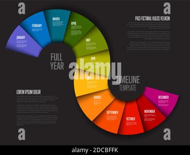 Modello di timeline per l'intero anno con tutti i mesi su due cerchi carta arcobaleno piegata - versione sfondo scuro Illustrazione Vettoriale