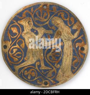 Medaglione con tubo di gioco della gioventù per donna danzante con castaneti, francese, ca. 1240-60. Foto Stock