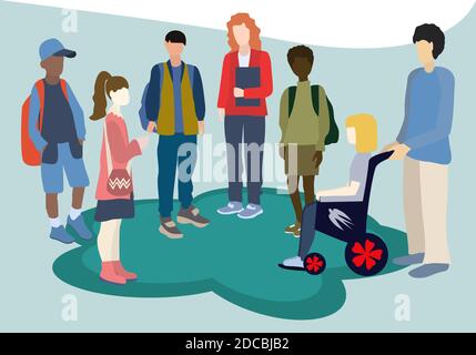 Un gruppo di adolescenti comunica. Studenti e amici. Persone diverse. Ragazza con disabilità. Illustrazione vettoriale. Illustrazione Vettoriale