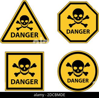 Diversi cartelli gialli di pericolo con cranio e crossoni illustrazione vettoriale Illustrazione Vettoriale