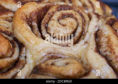 Cinnabon cotti al forno in forma. Sostare su pannelli зшту neri. Primo piano. Foto Stock