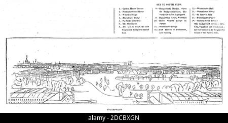 Stampa Colosseo - vista sud, 1844. Panorama di Londra, una di una serie fatta da daguerreotipi di Antoine Claudet, disegnata da Henry Anelay e incisa da Ebenezer Landells. Le immagini del daguerreotipo sono state riprese dalla parte superiore della colonna di York: 'L'immagine non era un intero completo, come ora appare sulla carta, ma è stata divisa su un gran numero di piccole lastre d'argento. Questi dovevano essere copiati, e disposti ciascuno nella sua posizione esatta, tutte le piccole carenze essendo riempite dalla natura. Questo lavoro ha richiesto un artista di talento, e occupato in cima alla colonna durante molti giorni, il pe Foto Stock