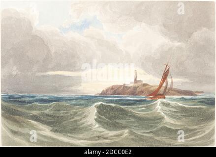 James Bulwer, (artista), British, 1794 - 1879, Seascape with Lighthouse, acquerello, totale: 13.3 x 19.6 cm (5 1/4 x 7 11/16 pollici Foto Stock