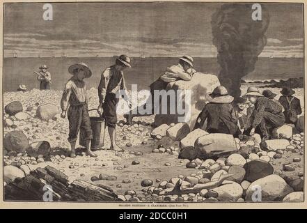 William H. Redding, (artista), americano, attivo c.. 1865/1873, Winslow Homer, (artista dopo), americano, 1836 - 1910, schizzi a lato del mare - A Clam-Bake, from 'Harper's Weekly', 23 agosto 1873, p.740, (serie), pubblicato 1873, incisione in legno, immagine: 23.5 × 35.56 cm (9 1/4 × 14 in.), foglio: 27.62 × 40.32 cm (10 7/8 × 15 7/8 in Foto Stock
