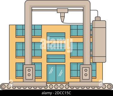 stampante 3d costruire una casa, icona isolata su sfondo bianco. Illustrazione vettoriale. Creazione della stampa 3d Illustrazione Vettoriale