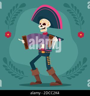carta da celebrazione dia de los muertos con giochi di scheletro di mariachi disegno di illustrazione vettoriale a fisarmonica Illustrazione Vettoriale