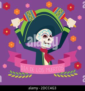 carta da celebrazione dia de los muertos con giochi di scheletro di mariachi disegno di illustrazione vettoriale maracas Illustrazione Vettoriale