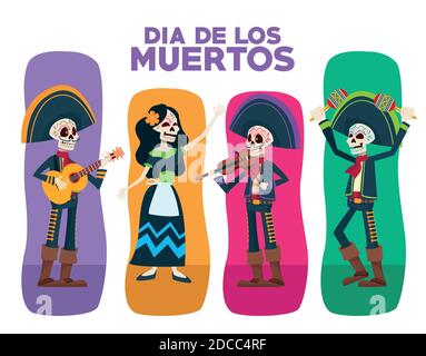 carta scritta dia de los muertos con caratteri di gruppo scheletrici disegno di illustrazione vettoriale Illustrazione Vettoriale