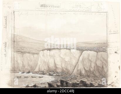 British 19 ° secolo, (artista), schizzo di barche vicino a una scogliera, metà del 19 ° secolo, penna e inchiostro nero e pennello e lavaggio grigio con gouache bianco su grafite, totale: 23 x 32.1 cm (9 1/16 x 12 5/8 pollici), dono anonimo Foto Stock